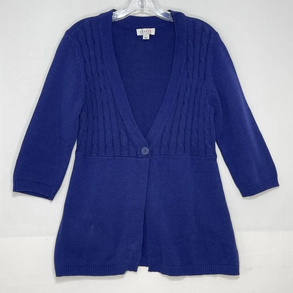 D&Co Women’s Small Cable Knit Sweater Cardigan Navy Blue One Button 3/4 Sleeve